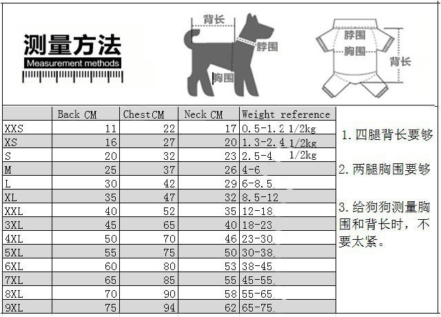 dog cloth size chart